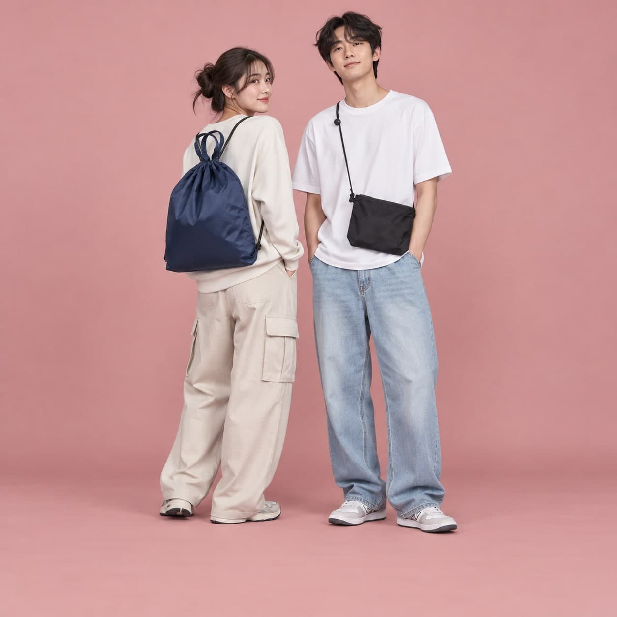 짐색을 백팩으로 멘 모델과 사코슈를 멘 모델